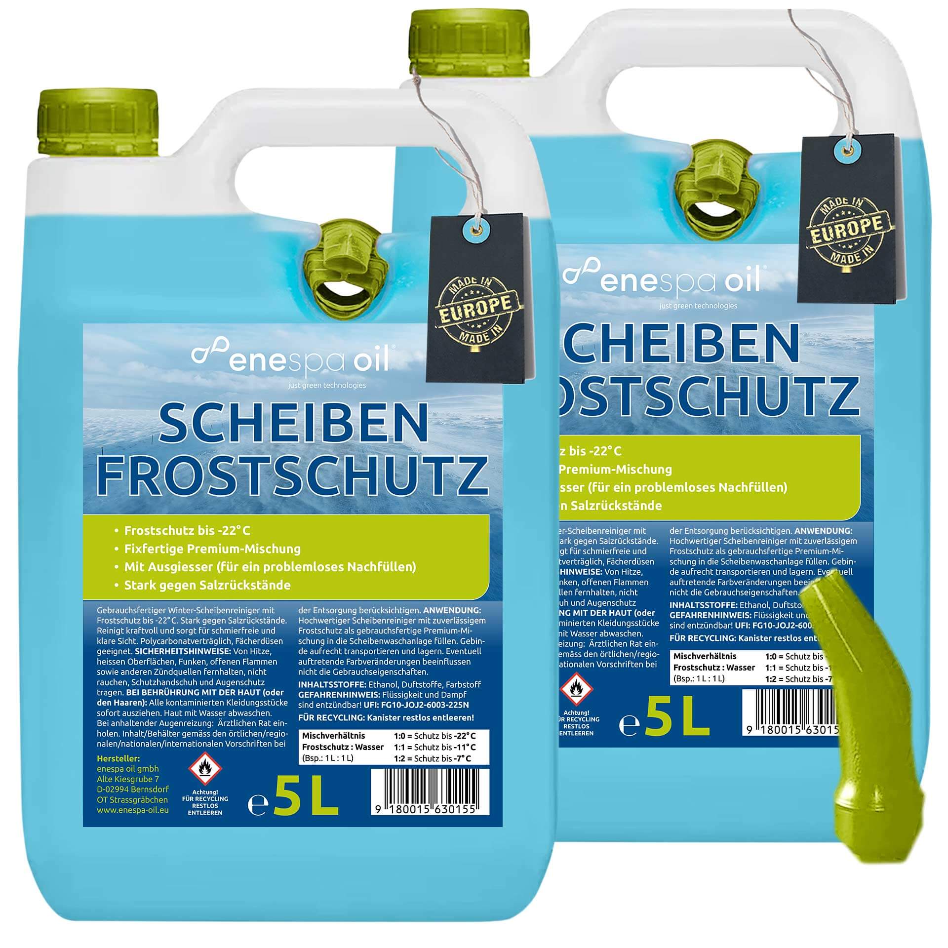 enespa oil Scheibenfrostschutz bis -22°C, 2x 5 Liter Kanister mit Einfüllschlauch