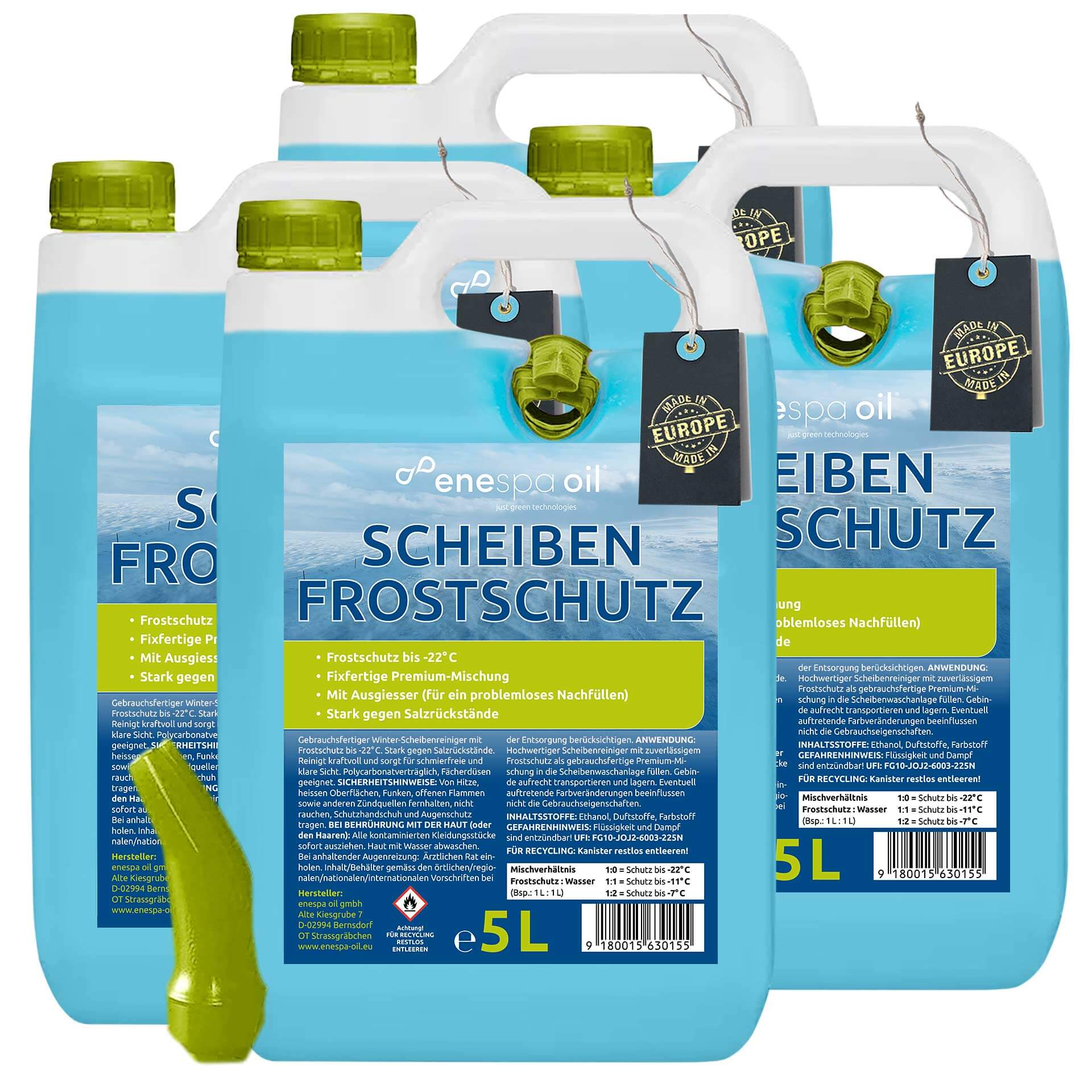 enespa oil Scheibenfrostschutz bis -22°C, 4x 5 Liter Kanister mit Einfüllschlauch